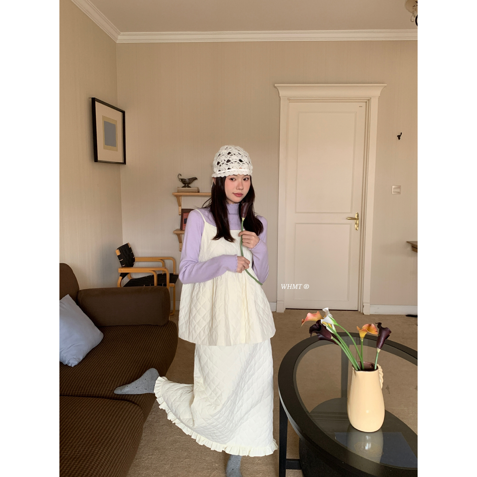 RS.WHMT韩系ins简约系带夹棉菱格吊带背心木耳边半身裙套装Q1601