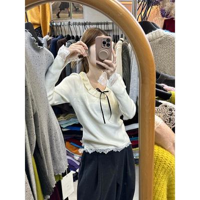 VI（唯一家）蕾丝拼接小女人气质简约波边蝴蝶结针织衫30063