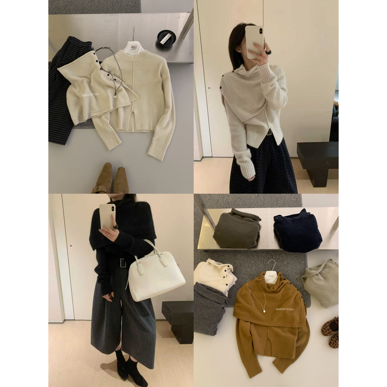 MZI STUDIO气质高领纽扣披肩圆领暖糯温柔保暖毛衣配披肩25828
