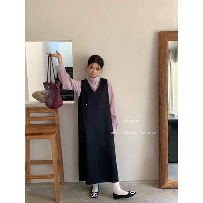 RS.WHMT-秋上新韩版立领打结衬衫+简约V领背心裙套装Q1039