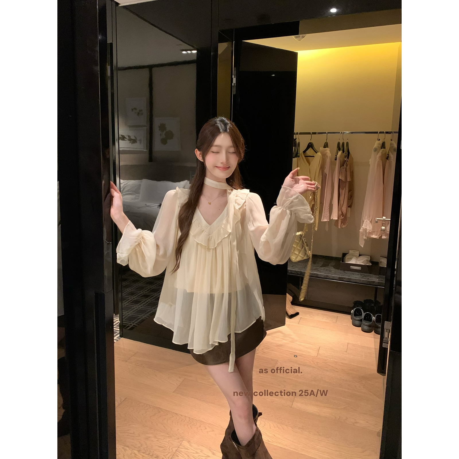 AS OFFICIAL主推色温柔荷叶边雪纺小衫配飘带25282
