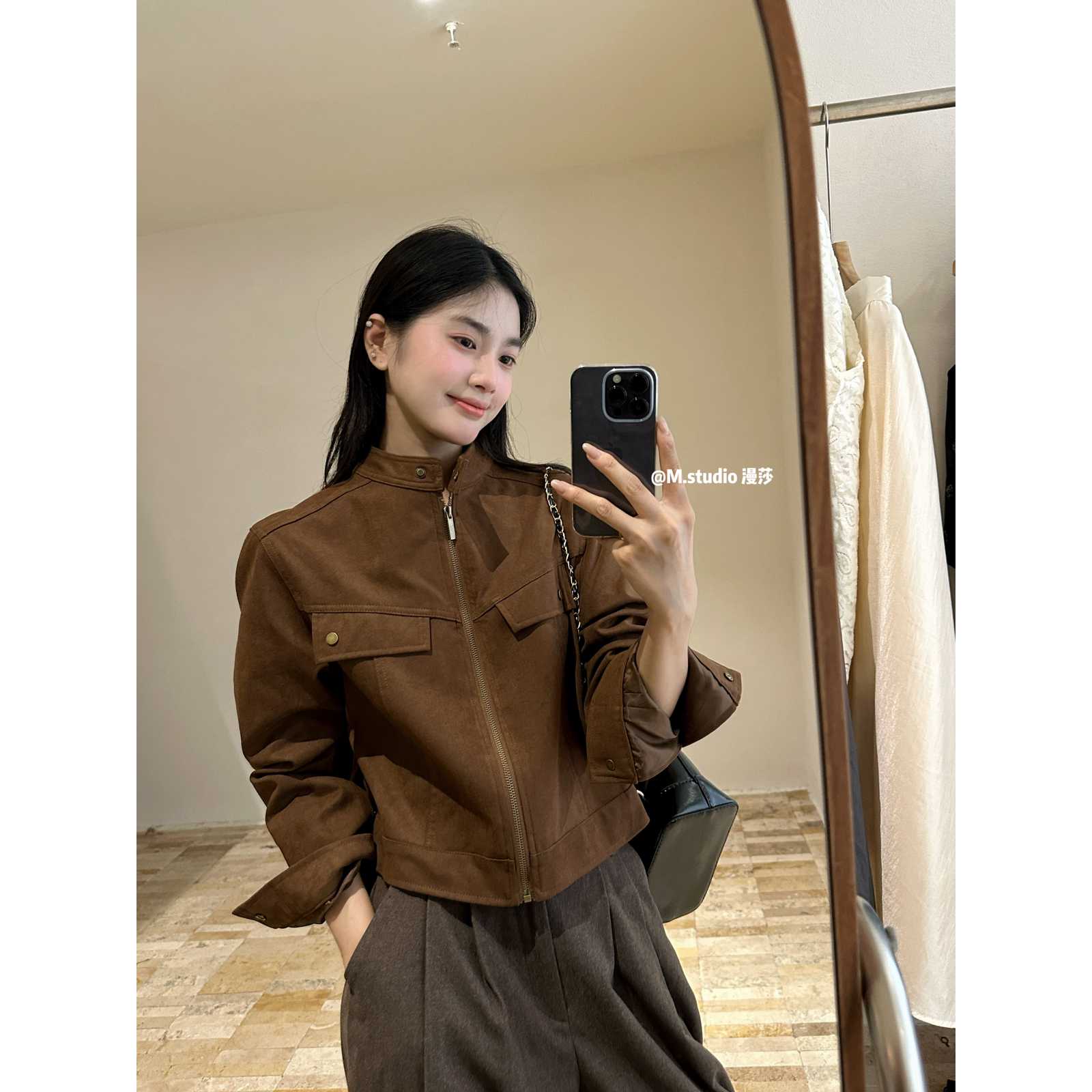 MSTUDIO漫莎-机车女孩气质高级休闲帅气质感麂皮绒短外套1002