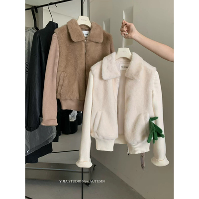 Y.JIA 伊嘉-小暖包针织拼接环保皮草短外套9573-5