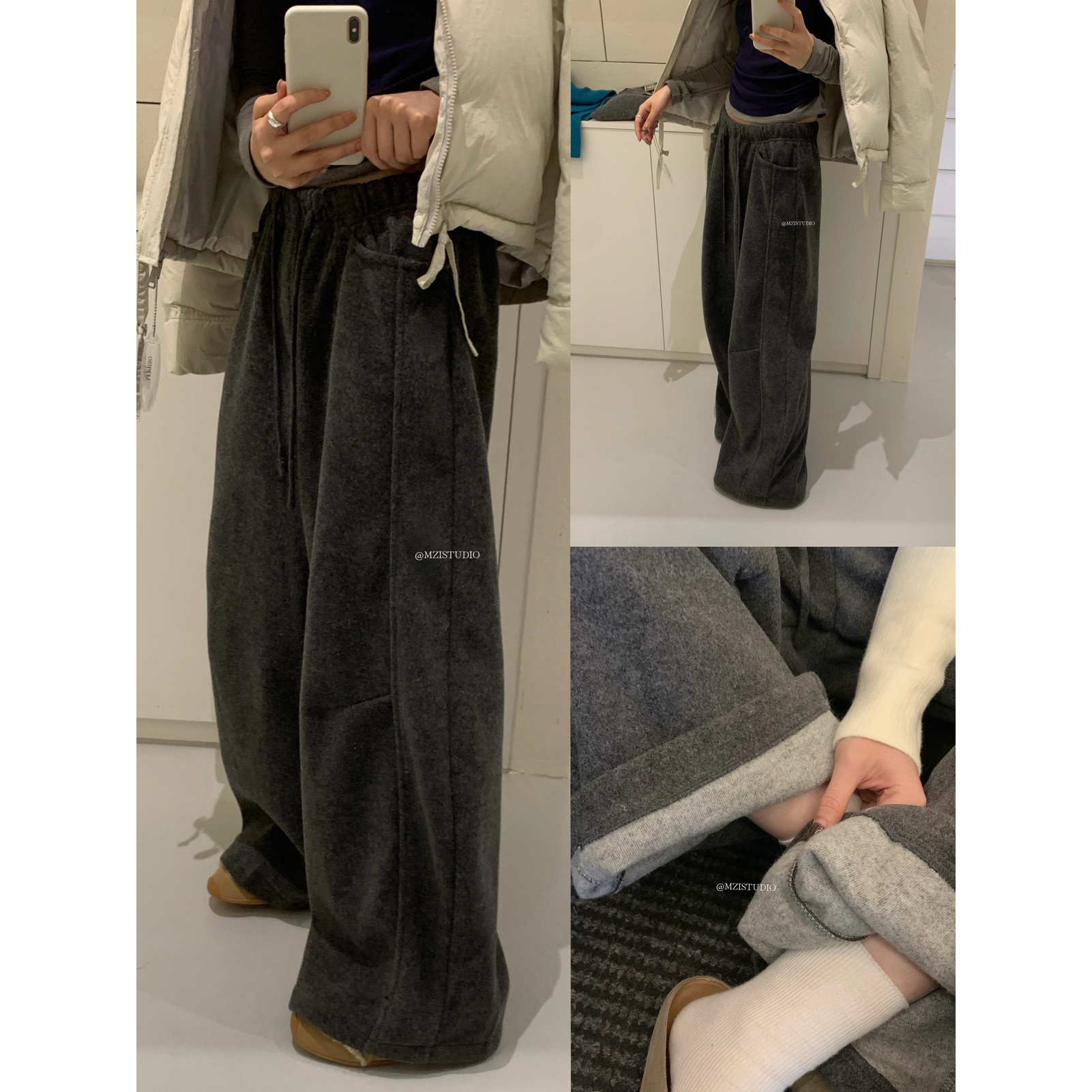 MZI STUDIO-加绒加厚垂感不臃肿随性松弛阔腿休闲裤含20羊毛19122