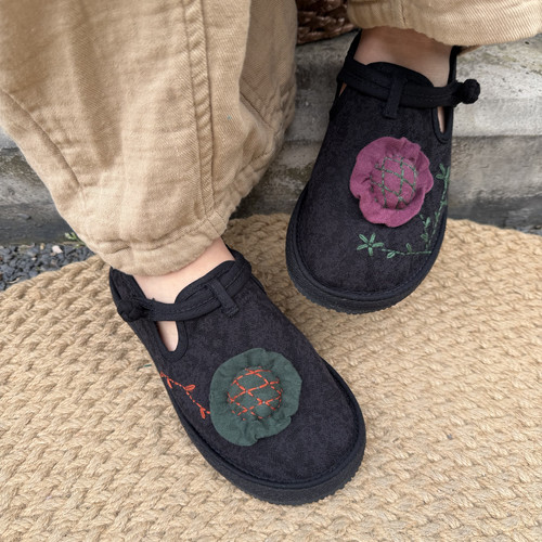 JQ 春夏复古纯手工花朵单布鞋一字扣老布底千层底防滑妈妈平底鞋