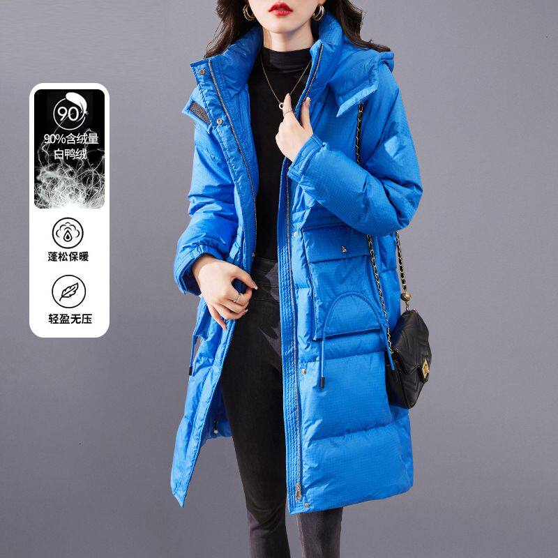 高端羽绒服女冬中长款2025新款小个子时尚收腰白鸭绒蓝色外套