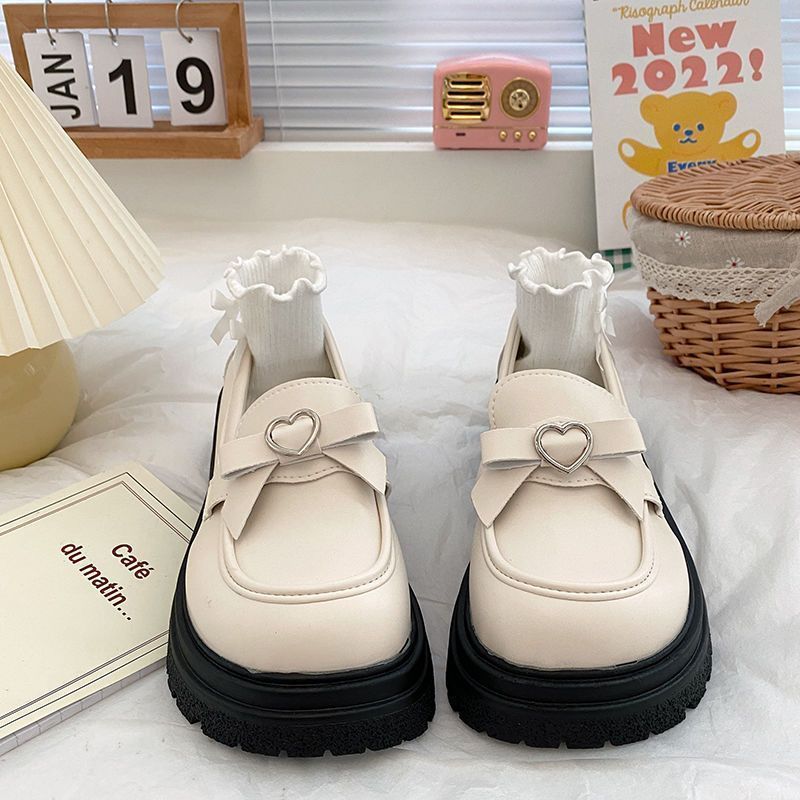 白色复古学院风蝴蝶结小皮鞋女夏季新款日系jk配裙子一脚蹬乐福鞋