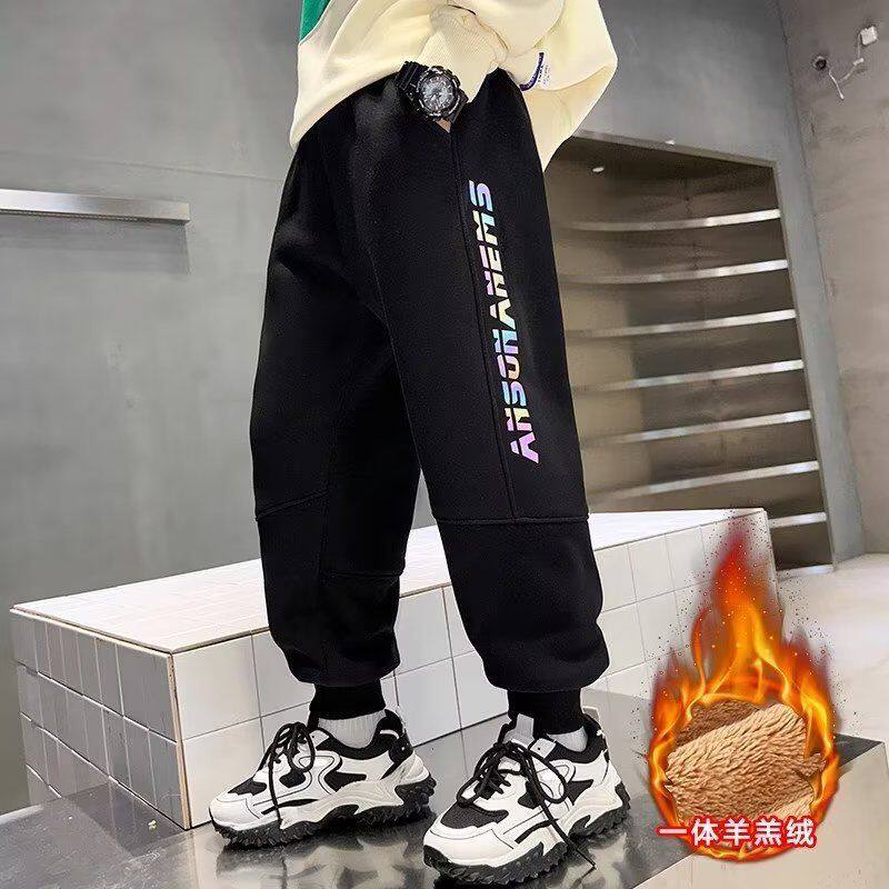 男童加绒裤子秋冬款运动裤新款大儿童冬季加厚羊羔绒休闲卫裤