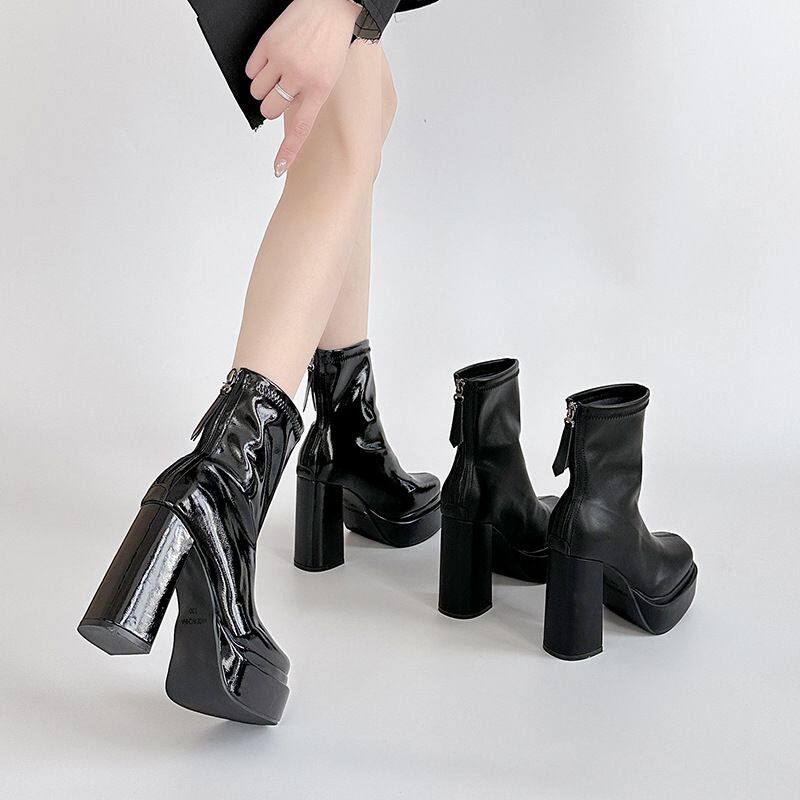 时尚高级感超高跟瘦瘦靴女秋冬韩版粗跟皮靴防滑后拉链短靴马丁靴