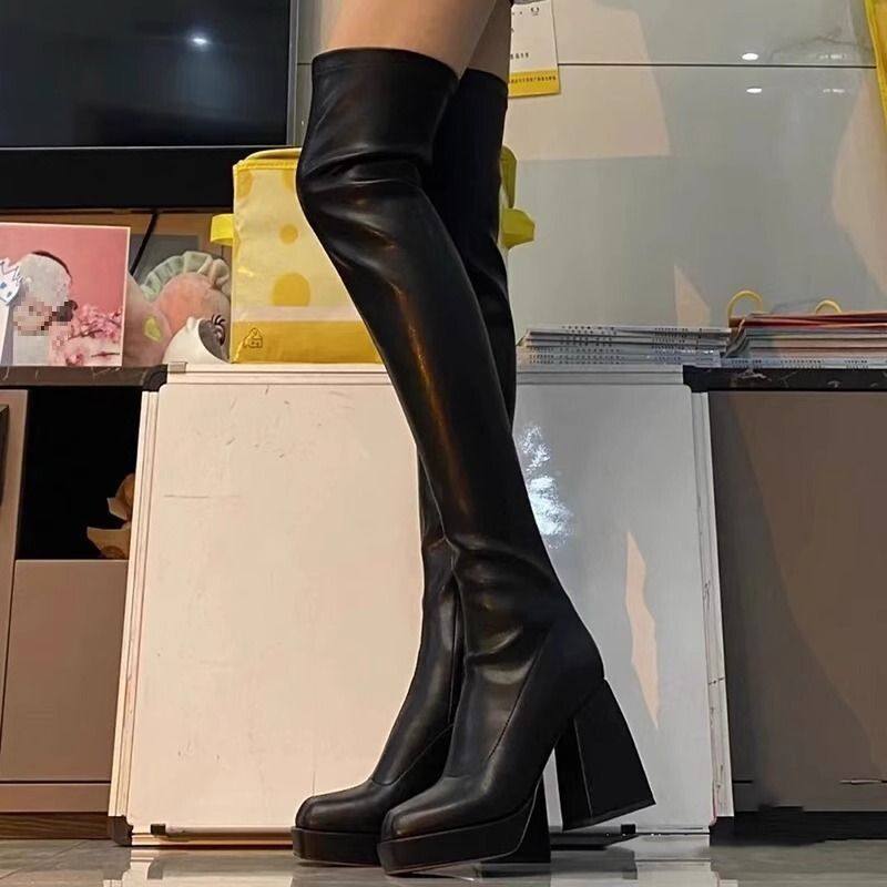 欧美风过膝皮靴女2025新款秋冬显瘦方头粗跟防水台侧拉链时装靴,女鞋,骑士靴,淘宝优惠券,粉丝福利购,淘宝优惠卷