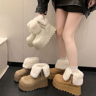 时尚百搭厚底雪地靴女2025秋冬季新款复古加绒防滑舒适松糕短靴子