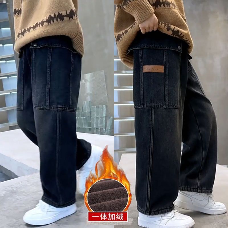 儿童男童加绒裤子新款中大童秋冬加厚一体牛仔裤冬季长裤