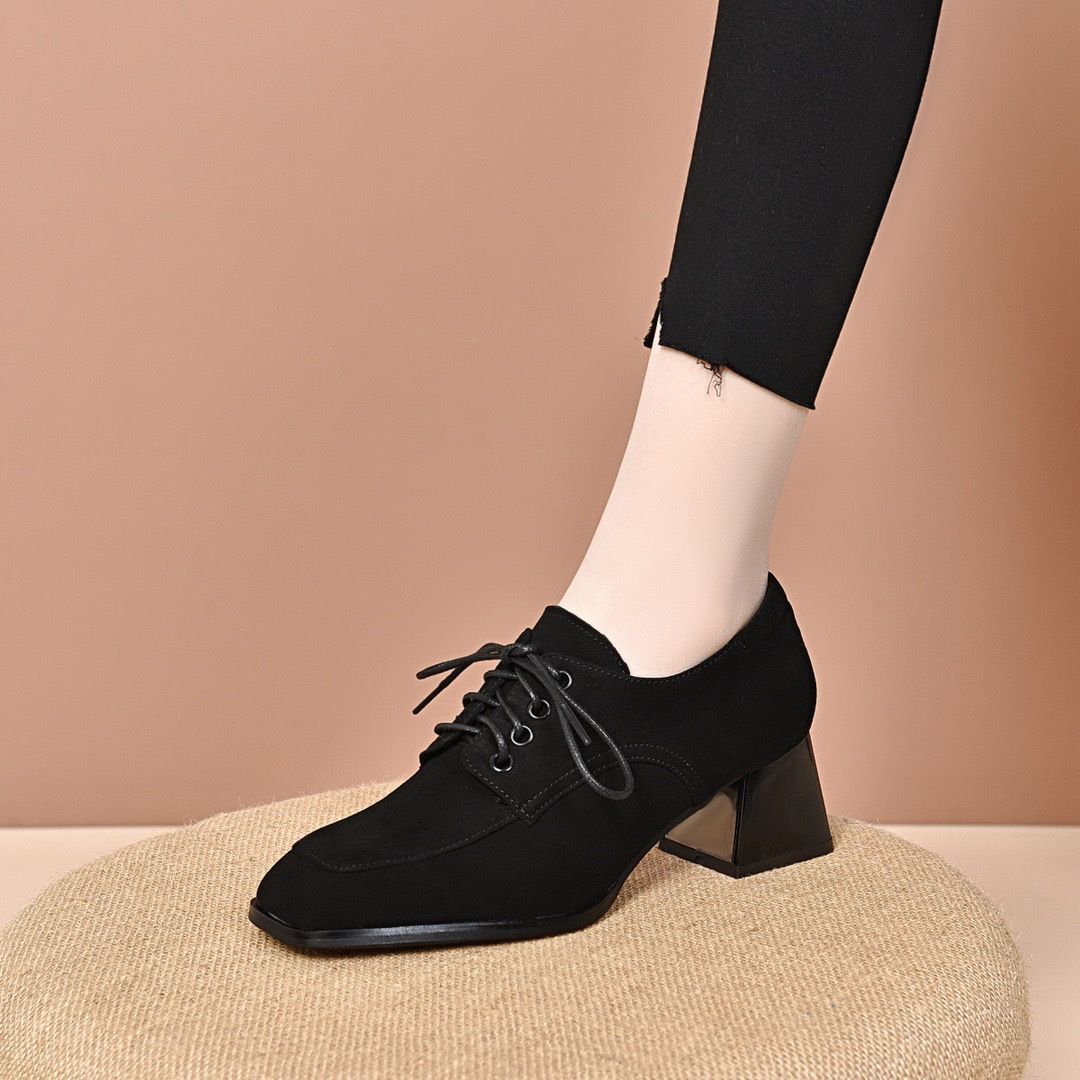 百搭小皮鞋女春秋方头真皮女鞋春季新款粗跟中跟系带深口单鞋