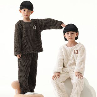 秋冬法兰绒男女童睡衣加绒加厚保暖厚实圆领大中儿童家居服可外穿