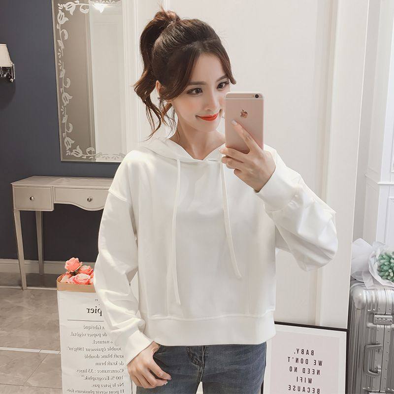 短款休闲即墨卫衣女长袖厚款韩版潮连帽秋冬舒适上衣卫衣宽松印花