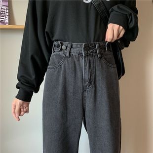 牛仔裤 女黑灰色高腰直筒阔腿拖地长裤 子潮 显瘦老爹裤 秋冬新款