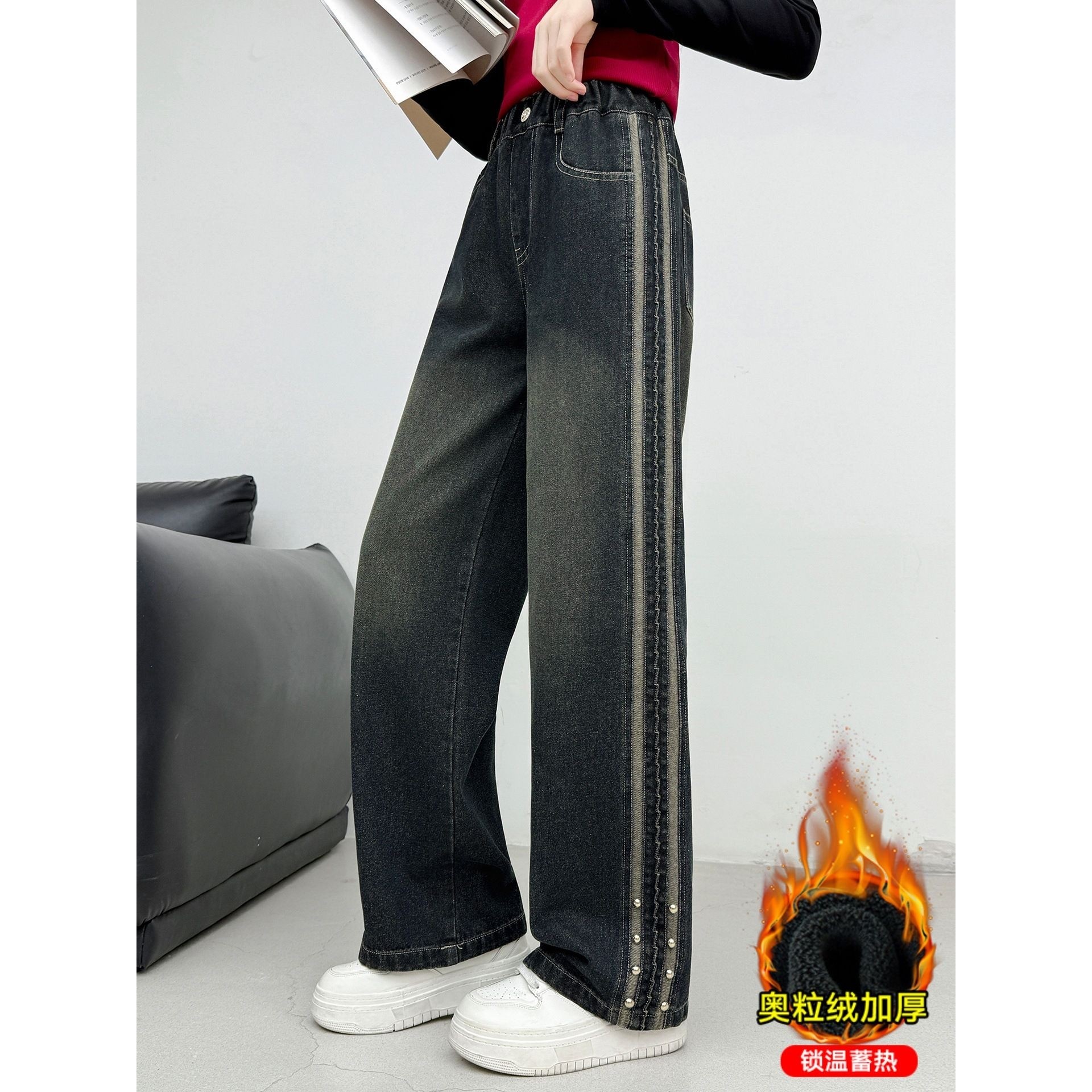 女童牛仔裤秋冬2025新款冬天加绒加厚阔腿裤冬季直筒大童儿童裤子