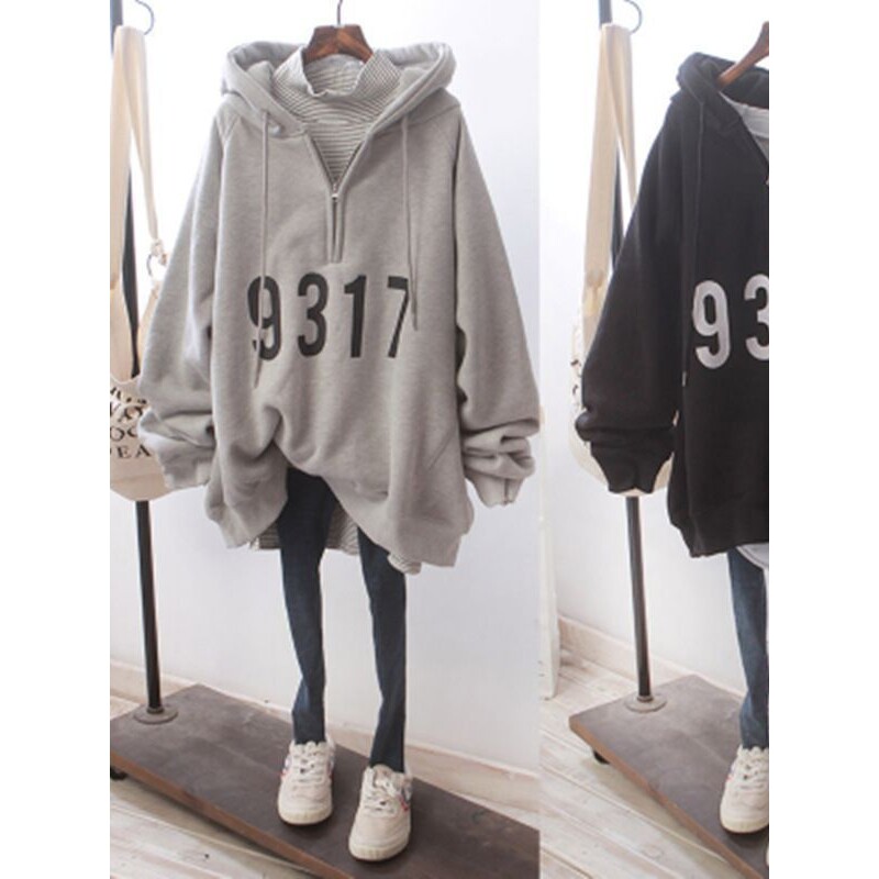 女秋冬新款韩版ins原宿风bf宽松大码半拉链加绒连帽卫衣外套