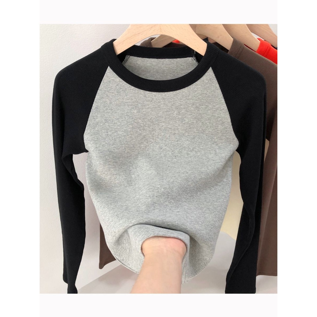 甄选优棉高弹螺纹2025秋冬装新款复古撞色插肩高腰长袖T恤女上衣,女装/女士精品,大码内搭,淘宝优惠券,粉丝福利购,淘宝优惠卷