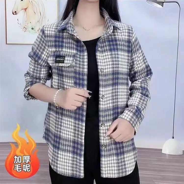 加厚格子衬衫外套女春秋新款韩版长袖宽松毛呢上衣复古港味风
