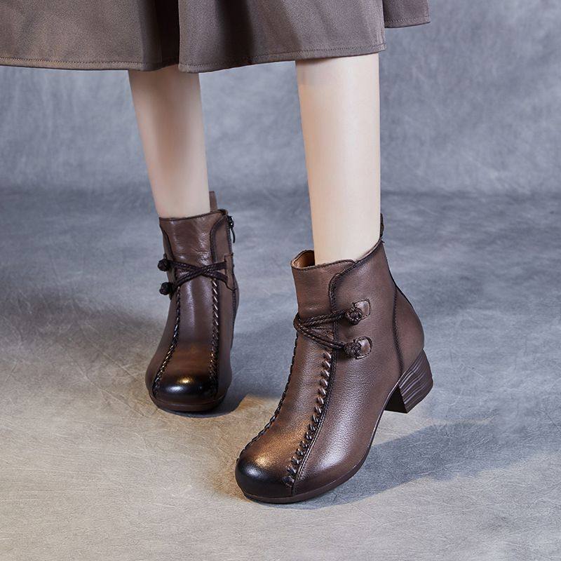 2025秋冬新款民族风头层牛皮中粗跟妈妈皮靴女真皮复古时装短靴子,女鞋,马丁靴,淘宝优惠券,粉丝福利购,淘宝优惠卷