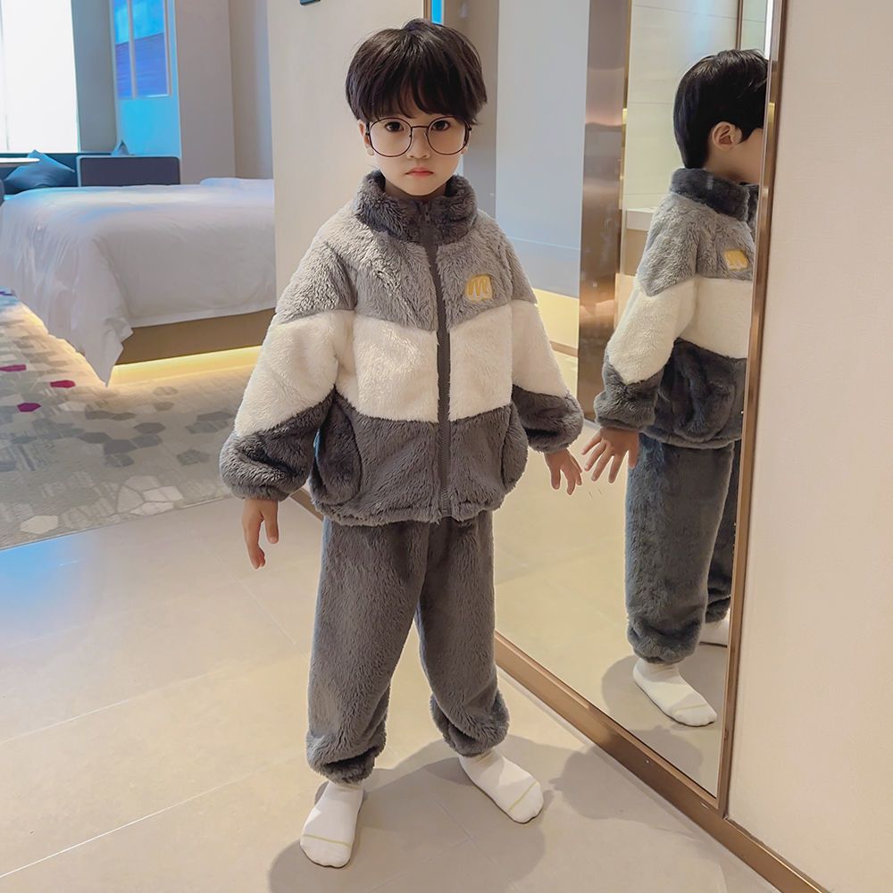 新款儿童睡衣秋冬季珊瑚绒加绒加厚男童男孩保暖法兰绒家居服套装