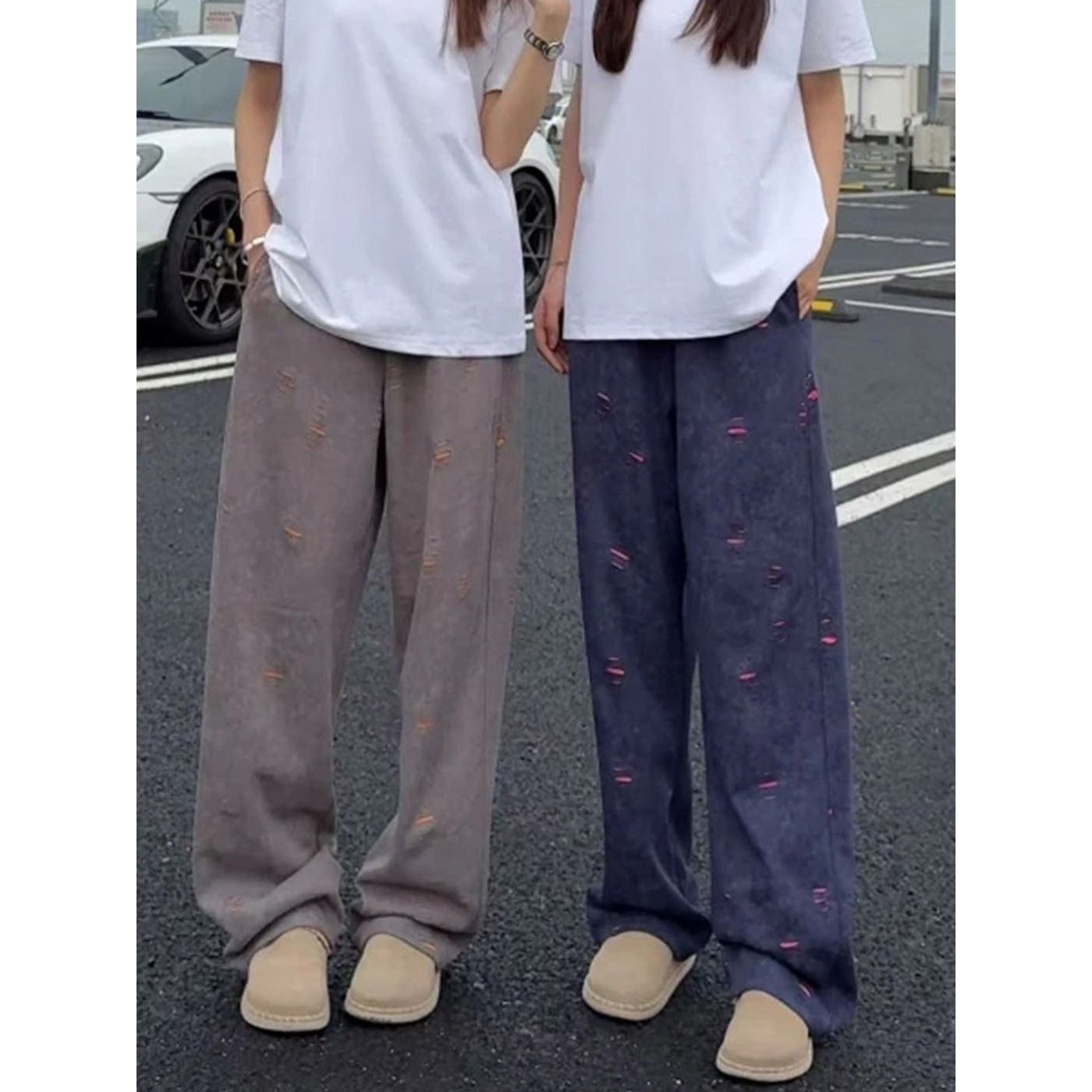 春秋撞色卫裤不规则破洞弯刀裤直筒长裤卫裤男潮流ins阔腿休闲裤