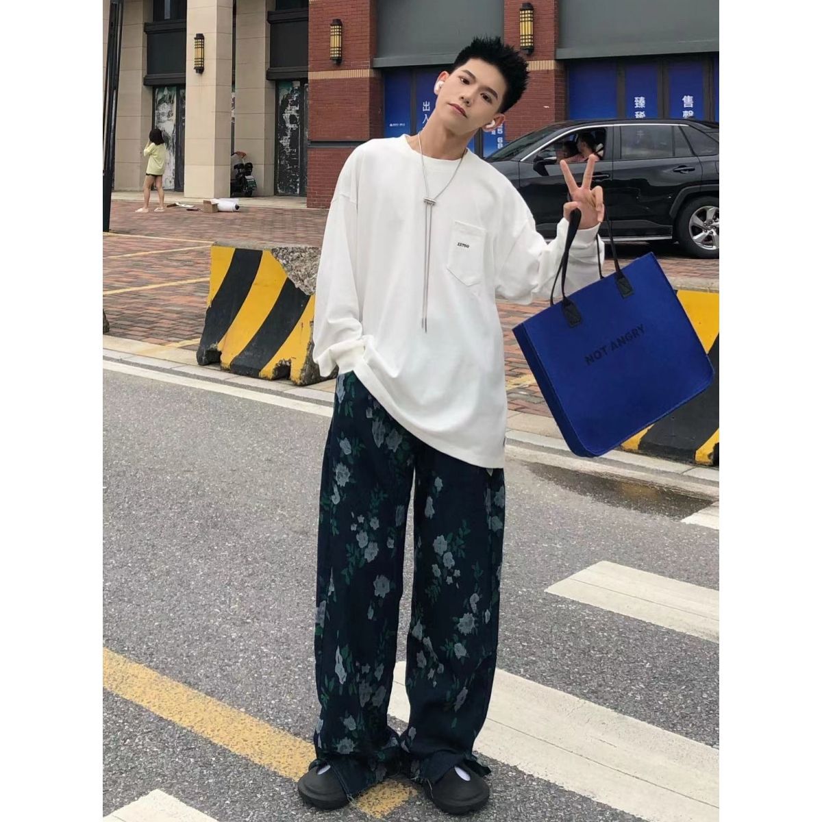 美式自制冬款新品韩版提花设计小众复古牛仔裤oversize男女款