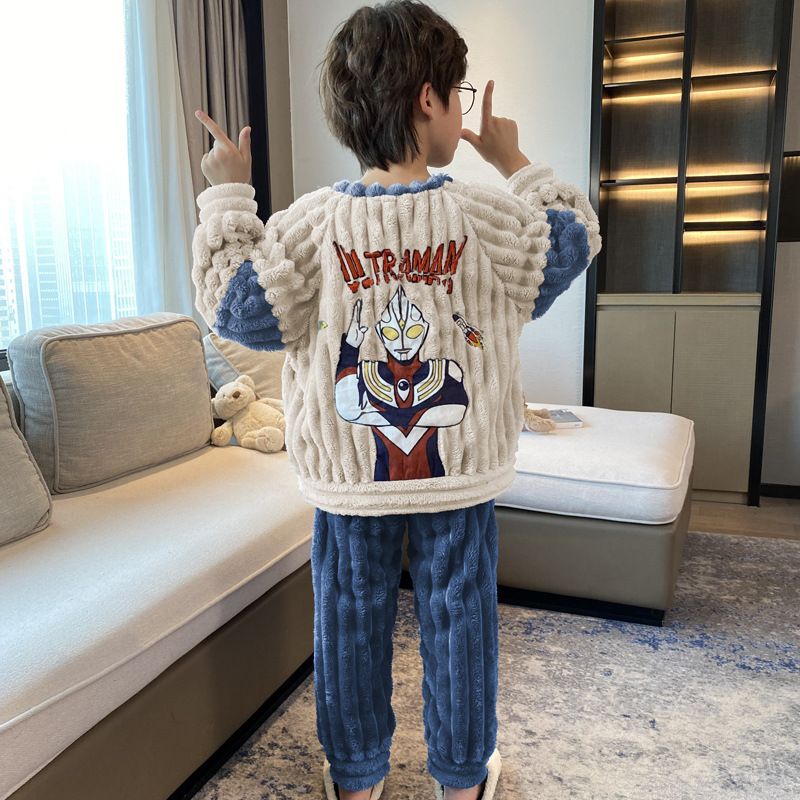秋冬季儿童睡衣男童珊瑚绒加绒加厚2025新款法兰绒男孩宝宝家居服