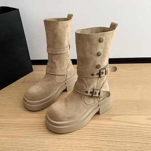 两穿厚底女士马丁靴 新款 时尚 百搭舒适休闲显瘦中靴子女2025秋冬季