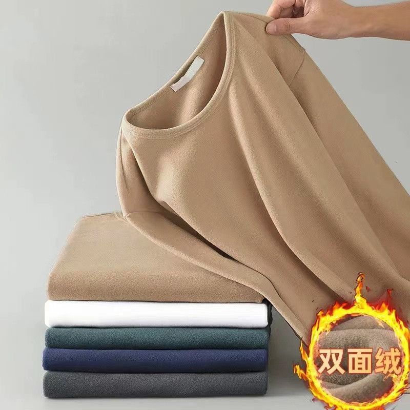 重磅双面德绒秋冬圆领加绒保暖内衣男纯色内搭百搭秋衣长袖打底衫