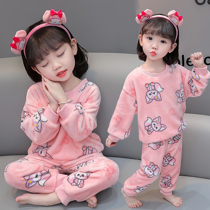 女宝宝睡衣珊瑚绒秋冬款新款婴儿童加绒家居服女童法兰绒套装