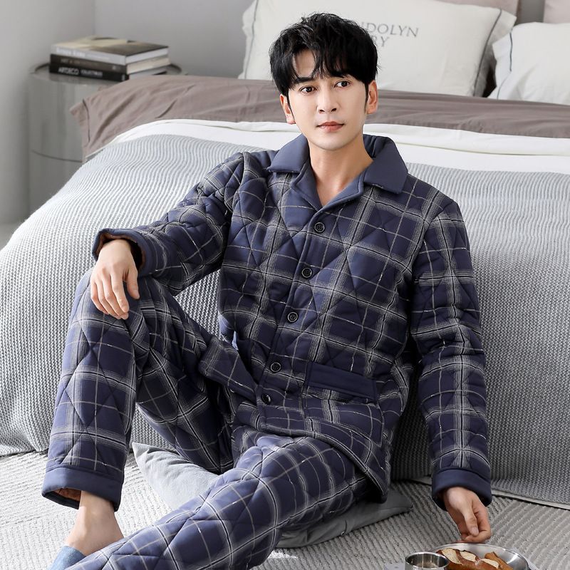 三层加厚纯棉夹棉睡衣男加绒加厚法兰绒冬季保暖珊瑚绒家居服套装