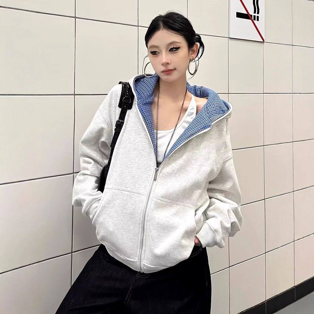 秋季纯色复古格子拼接帽衫开衫外套女可双面穿休闲宽松百搭卫衣潮,女装/女士精品,卫衣/绒衫,淘宝优惠券,粉丝福利购,淘宝优惠卷