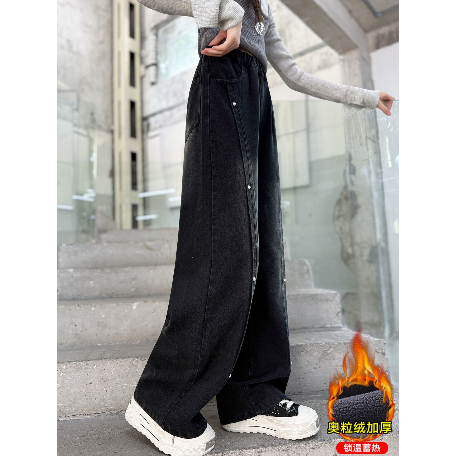 女童加绒牛仔裤秋冬新款洋气儿童一体绒直筒阔腿裤中大童宽松裤子