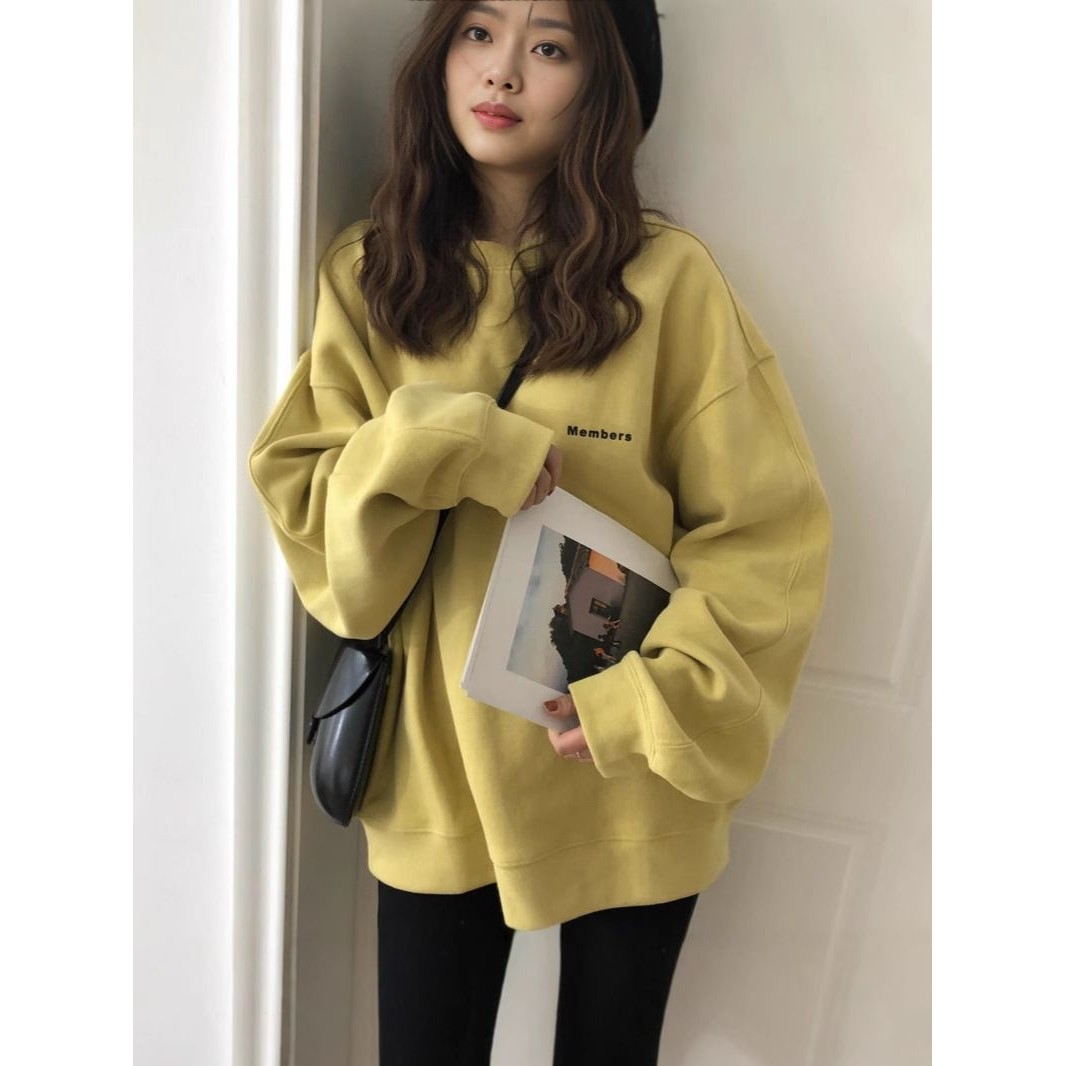 黄色加绒圆领学生卫衣女秋冬季新款宽松设计感小众打底衫上衣,女装/女士精品,卫衣/绒衫,淘宝优惠券,粉丝福利购,淘宝优惠卷