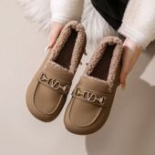 棉鞋 圆头乐福鞋 女秋冬平底加绒保暖外穿软底平底豆豆鞋 毛毛小皮鞋