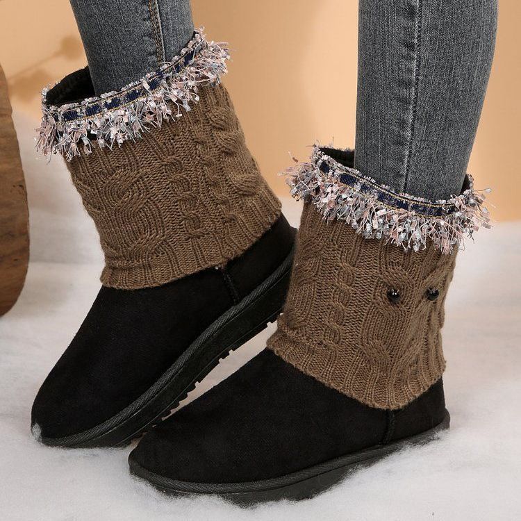 2025 新款蕾丝扣针织雪地靴女加绒保暖舒适百搭时尚休闲秋冬女鞋