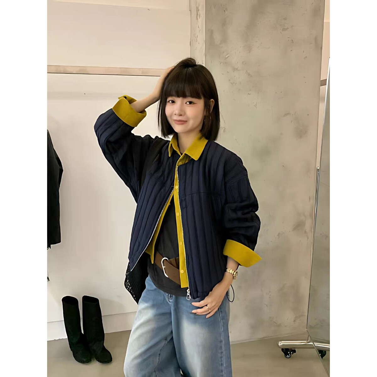 韩版时尚百搭宽松显瘦拼色假两件休闲长袖棉服外套女2025秋季新款