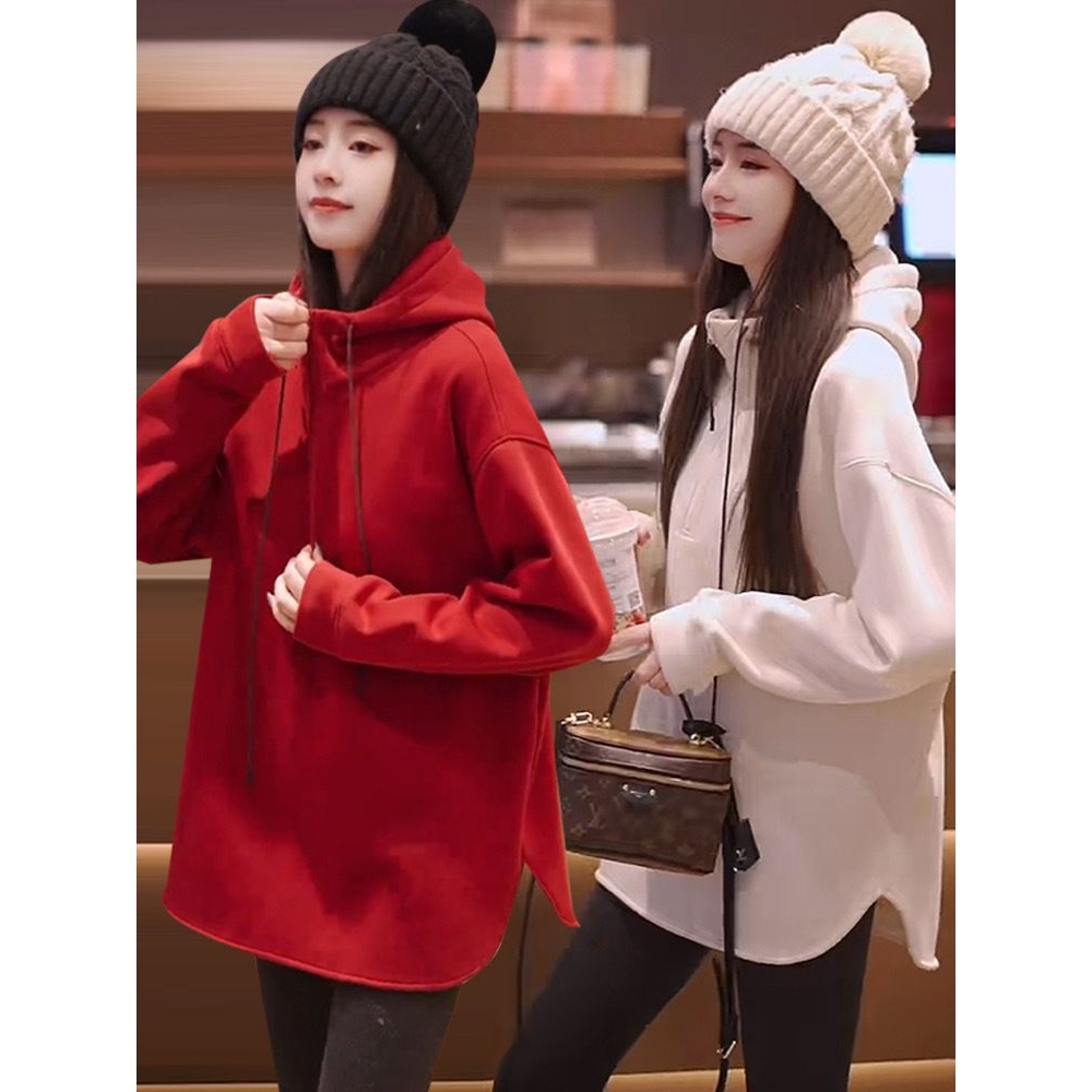 连帽加绒加厚中长款卫衣女秋冬新款宽松百搭小个子打底衫上衣