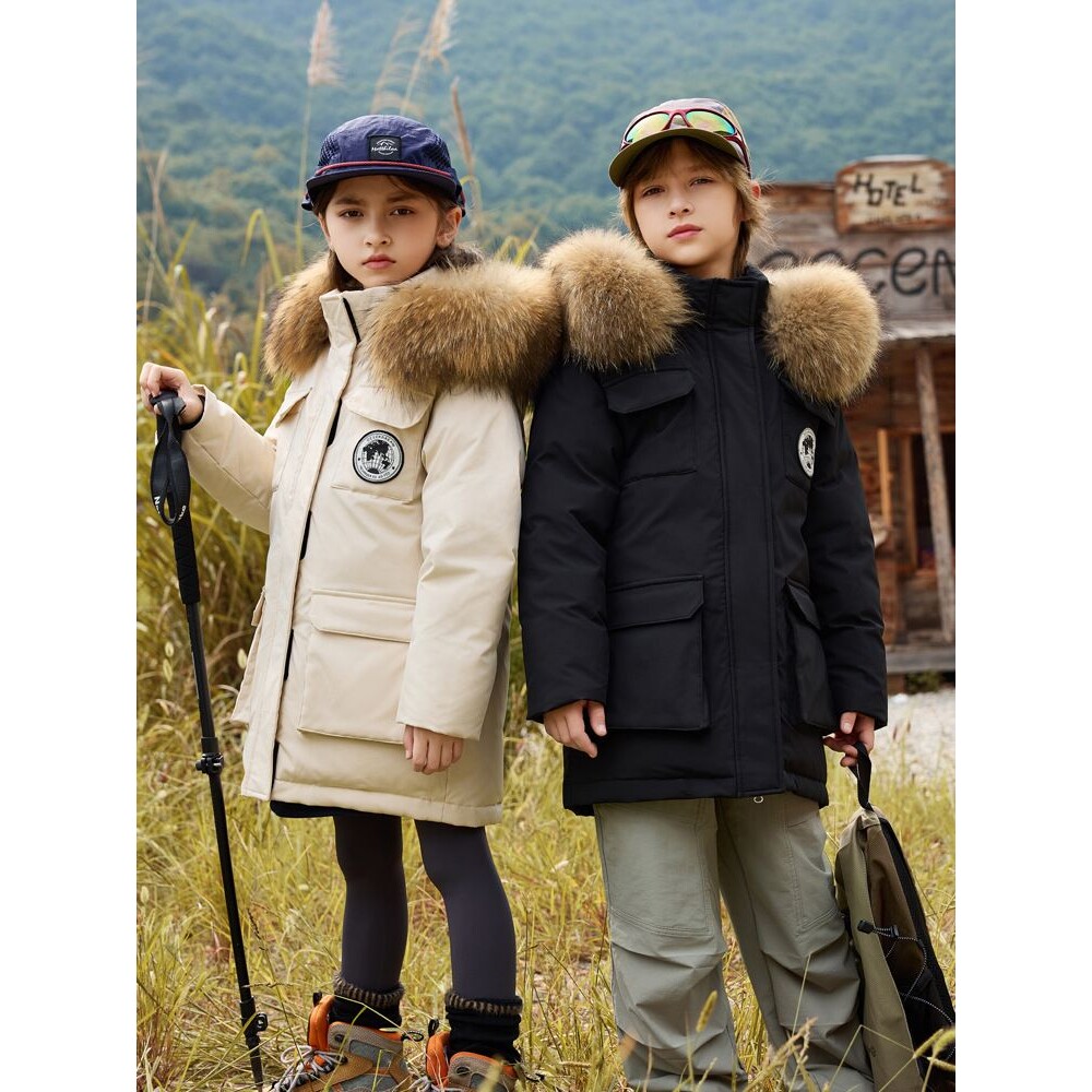 90白鸭绒工装儿童羽绒服冲锋衣男童女童中长款中大童冬季外套加厚