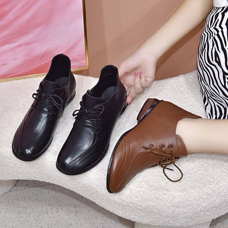 真皮小短靴新款春秋单靴粗跟软底及踝靴低帮女皮鞋平底马丁靴,女鞋,深口单鞋,淘宝优惠券,粉丝福利购,淘宝优惠卷