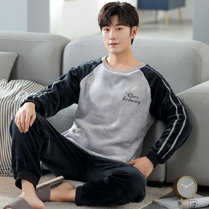 珊瑚绒睡衣男春秋冬季新款长袖圆领加厚加绒法兰绒家居服套装