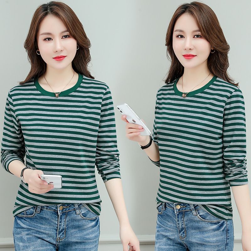 纯棉弹力条纹慵懒风套头休闲卫衣女春秋韩版简约百搭打底外穿T恤