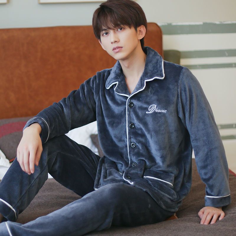 冬季新款珊瑚绒睡衣男冬长袖青年开衫加绒加厚秋冬季法兰绒家居服