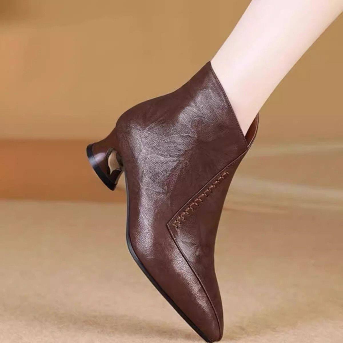 欧美风尖头切尔西靴粗跟百搭马丁靴2025秋冬新款加绒时装靴女皮鞋