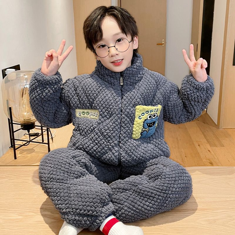 男童睡衣冬季三层夹棉套装中大童男孩加绒加厚开衫立领儿童家居服