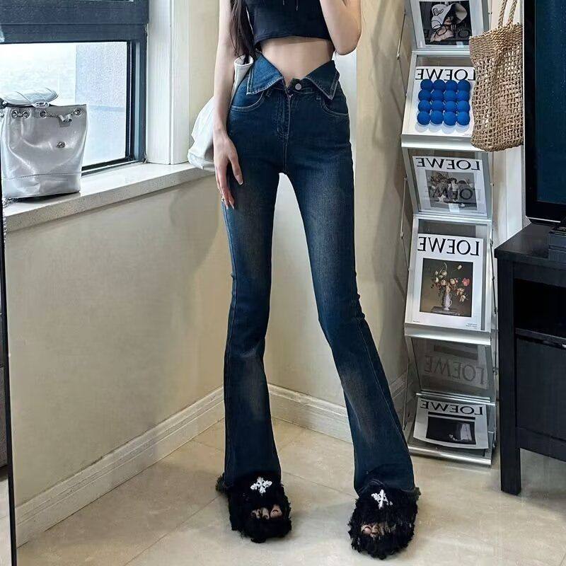 辣妹复古翻边牛仔裤女秋冬新款小个子修身显瘦微喇叭裤子拖地长裤,女装/女士精品,牛仔裤,淘宝优惠券,粉丝福利购,淘宝优惠卷