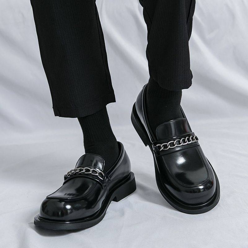 新款黑色大头商务休闲皮鞋男韩版流苏厚底乐福鞋夜店增高小皮鞋