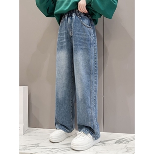 一体绒牛仔裤 炸街女大童儿童加绒阔腿裤 子秋冬新款 女童加绒裤